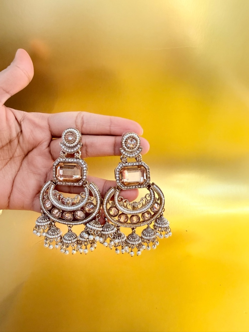 Gold-Tone Peach Stone Chandbali Earrings